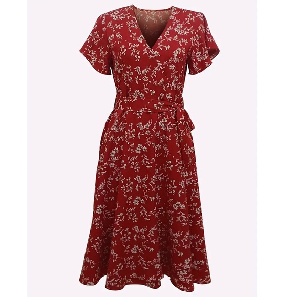 Boho Red Floral V neck Ruffle Hem Midi Dress Wrap Style Short Butterfly Sleeve - Picture 9 of 14